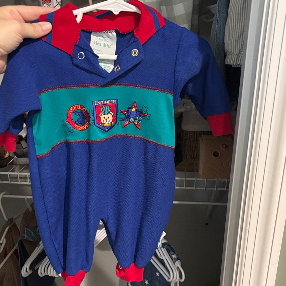Unbranded Kids Blue & Teal One-Piece Romper with Red Trim